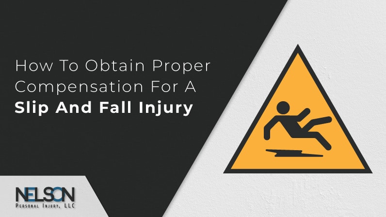 A slip and fall caution sign icon with text "How to Obtain Proper Compensation For a Slip and Fall Injury" with the Nelson Personal Injury LLC logo