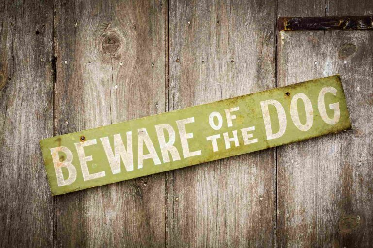 Dog warning sign on wood background, dog bite lawyer idea