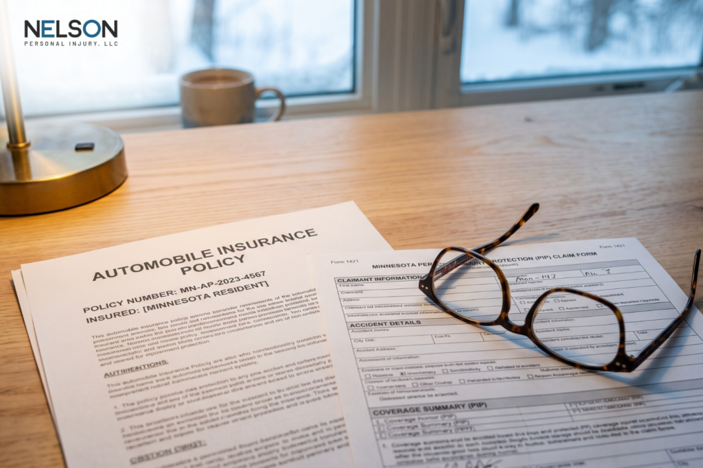 Auto insurance policy and Personal Injury Protection claim form on a desk, representing Minnesota no-fault insurance coverage after a car accident